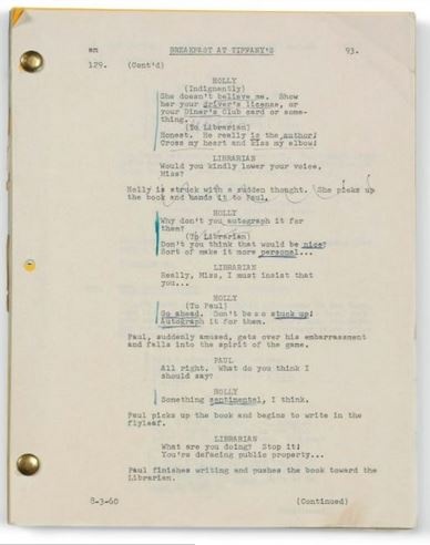 Сценарий "Завтрака у Тиффани" продали за рекордную сумму Сценарий "Завтрака у Тиффани" продали за рекордную сумму